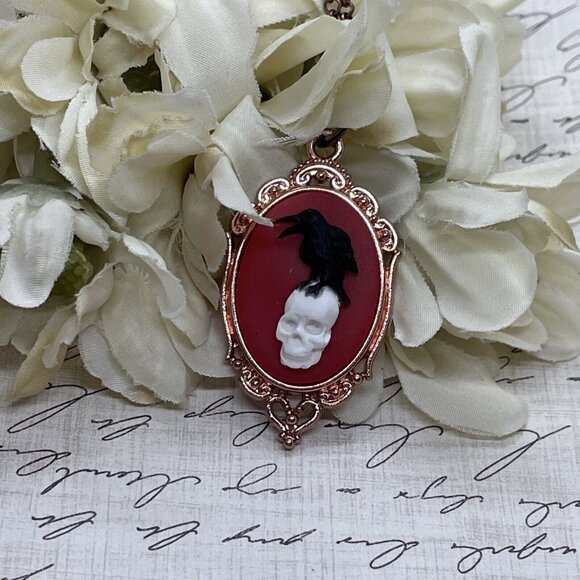 ROSE Gold Red Gothic Crow Raven Rose Skull Wedding Party Jewelry necklace Cameo - Picture 3 of 11